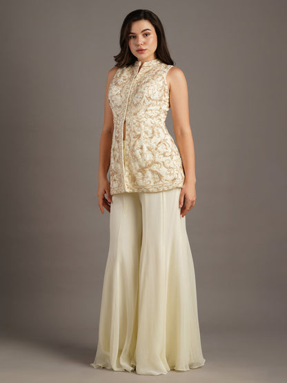 Ivory Net Mandala Sleeveless Jacket With Georgette Kali Pants