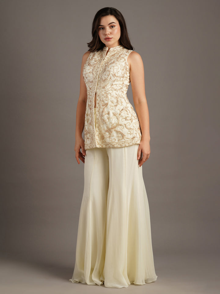 Ivory Net Mandala Sleeveless Jacket With Georgette Kali Pants