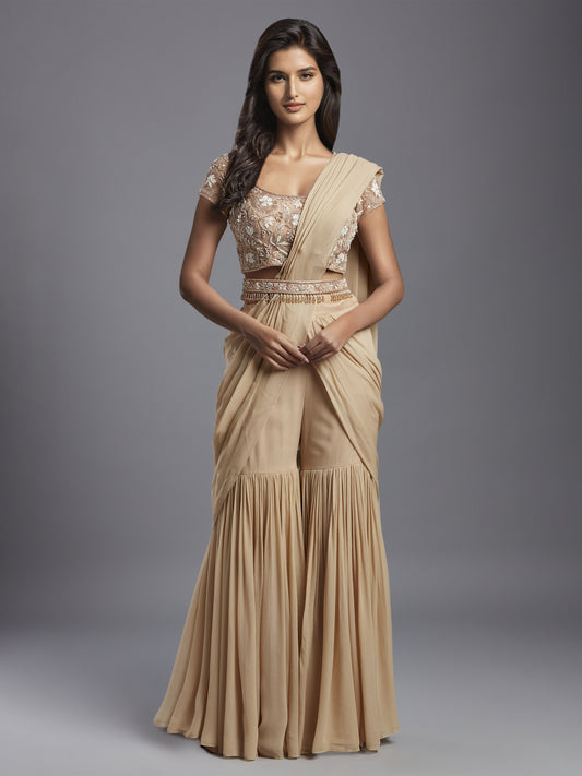 Nude Net White and Rose Gold Floral Work Blouse with Nude Georgette Draped Saree and Belt
