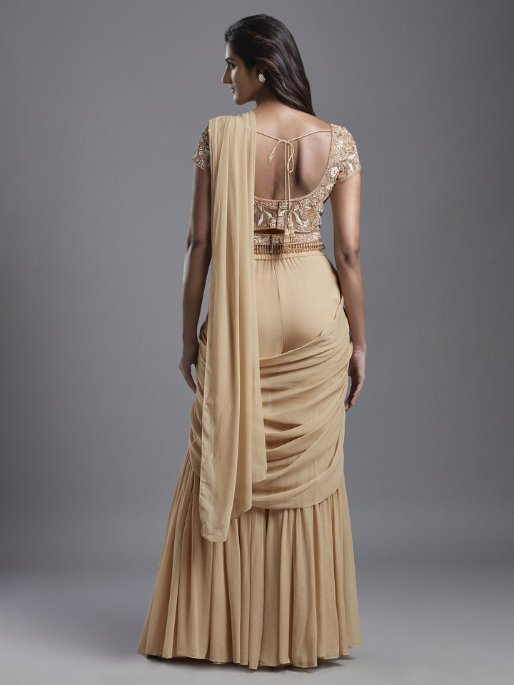 Nude Net White and Rose Gold Floral Work Blouse with Nude Georgette Draped Saree and Belt
