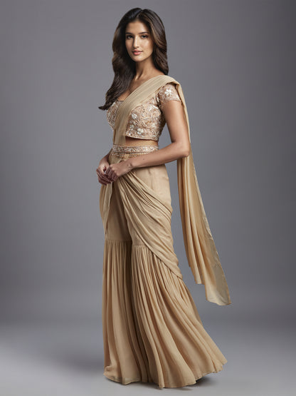 Nude Net White and Rose Gold Floral Work Blouse with Nude Georgette Draped Saree and Belt