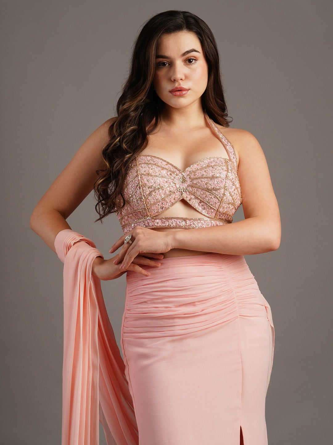 Pink Butterfly Cut Holo Emb Blouse With Side Slit Draped Saree