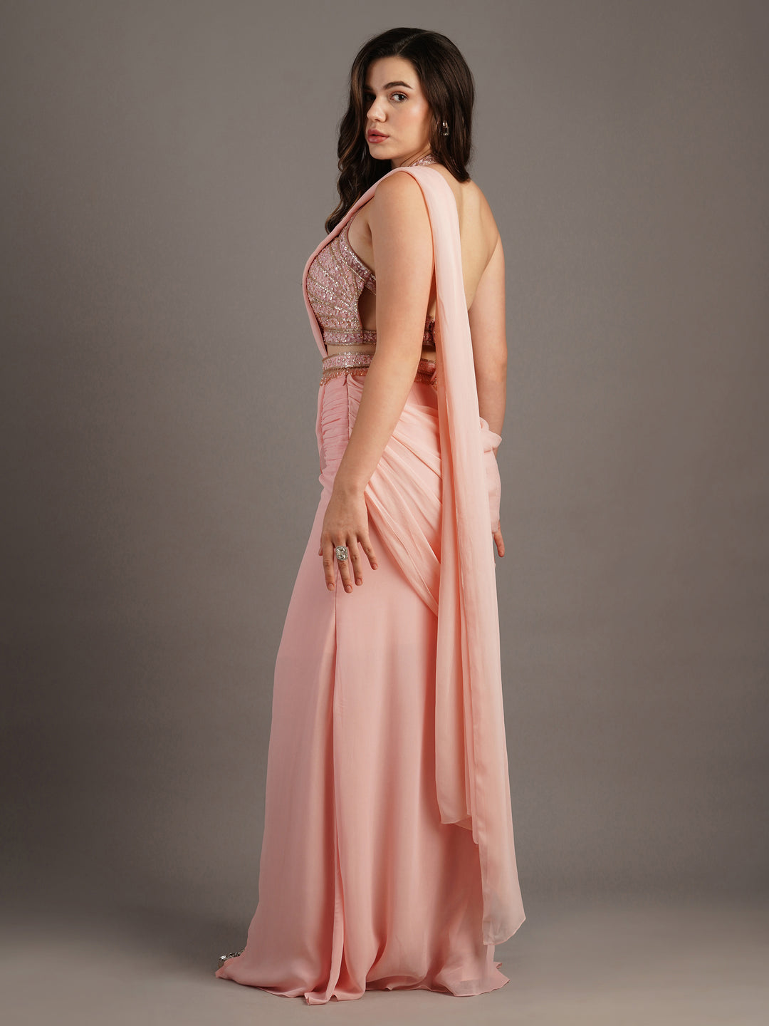 Pink Butterfly Cut Holo Emb Blouse With Side Slit Draped Saree