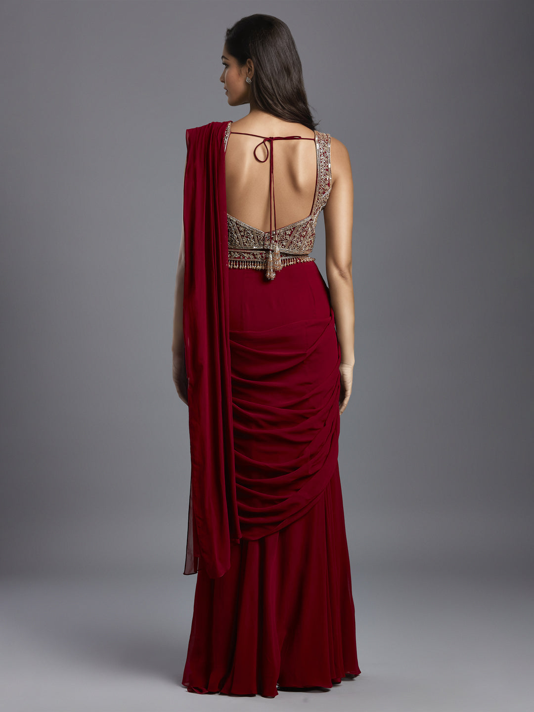 Maroon Georgette Draped Saree with Net Embroidered Blouse and Belt
