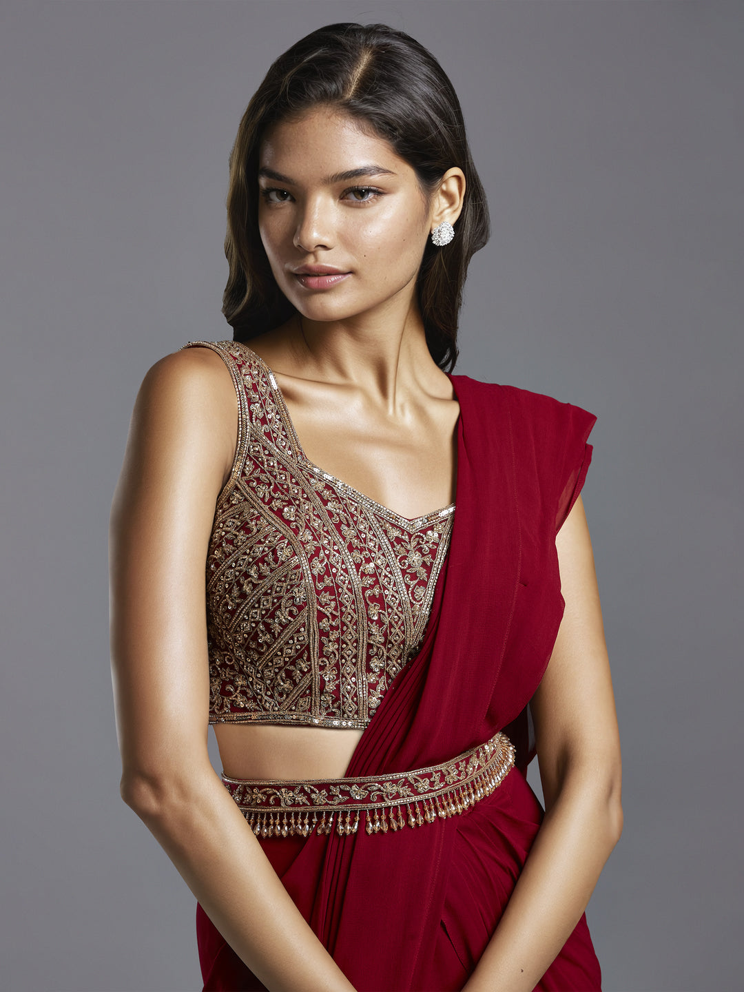 Maroon Georgette Draped Saree with Net Embroidered Blouse and Belt