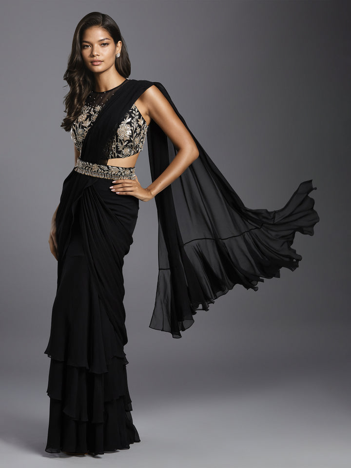 Black Georgette Three Layered Saree with Net Embroidered Blouse and Belt