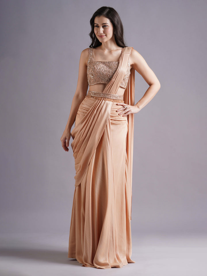 Nude Net Square Neck Blouse with Crepe Satin Ruched Saree and Belt