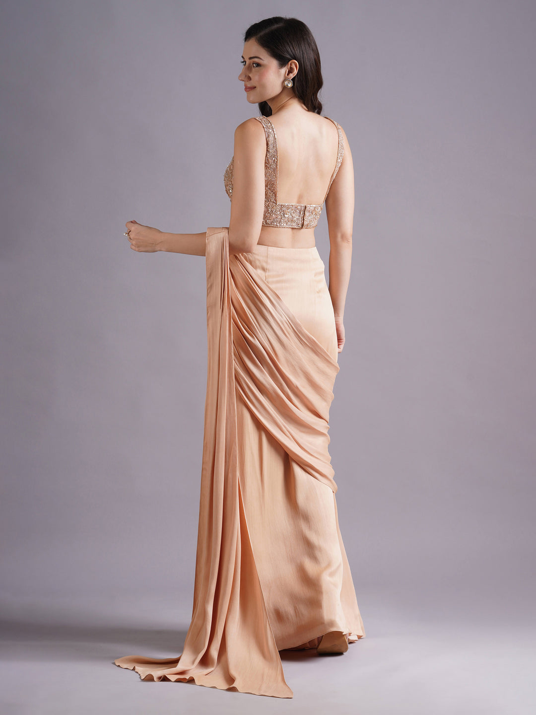 Nude Net Square Neck Blouse with Crepe Satin Ruched Saree and Belt