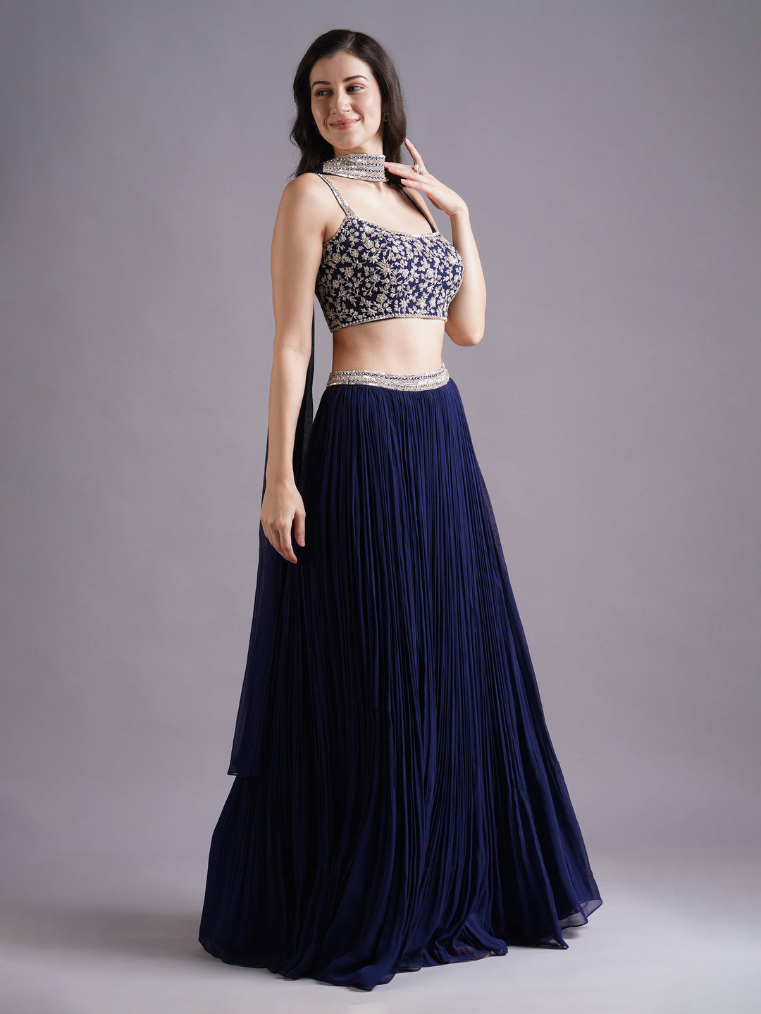 Navy Georgette Strappy Blouse with Pleated Lehenga and Choker Dupatta