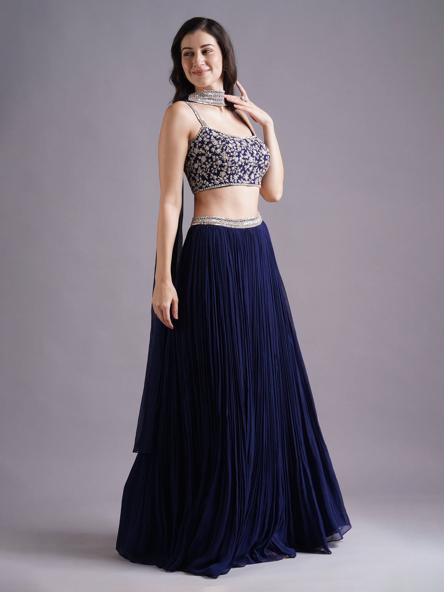 Navy Georgette Strappy Blouse with Pleated Lehenga and Choker Dupatta