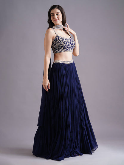 Navy Georgette Strappy Blouse with Pleated Lehenga and Choker Dupatta