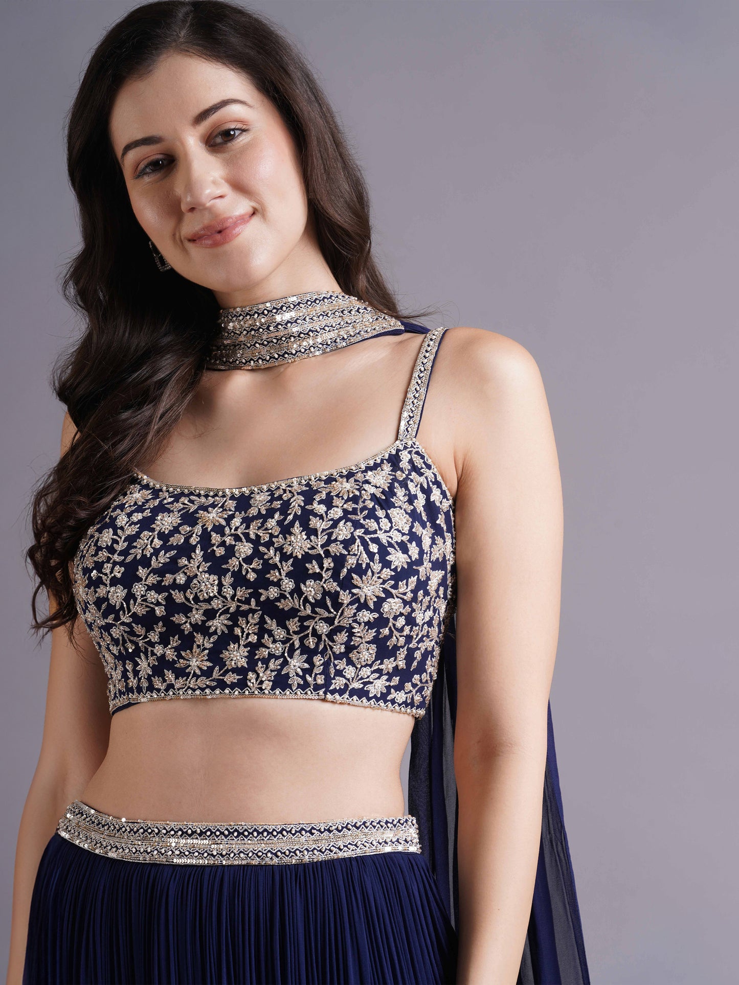 Navy Georgette Strappy Blouse with Pleated Lehenga and Choker Dupatta