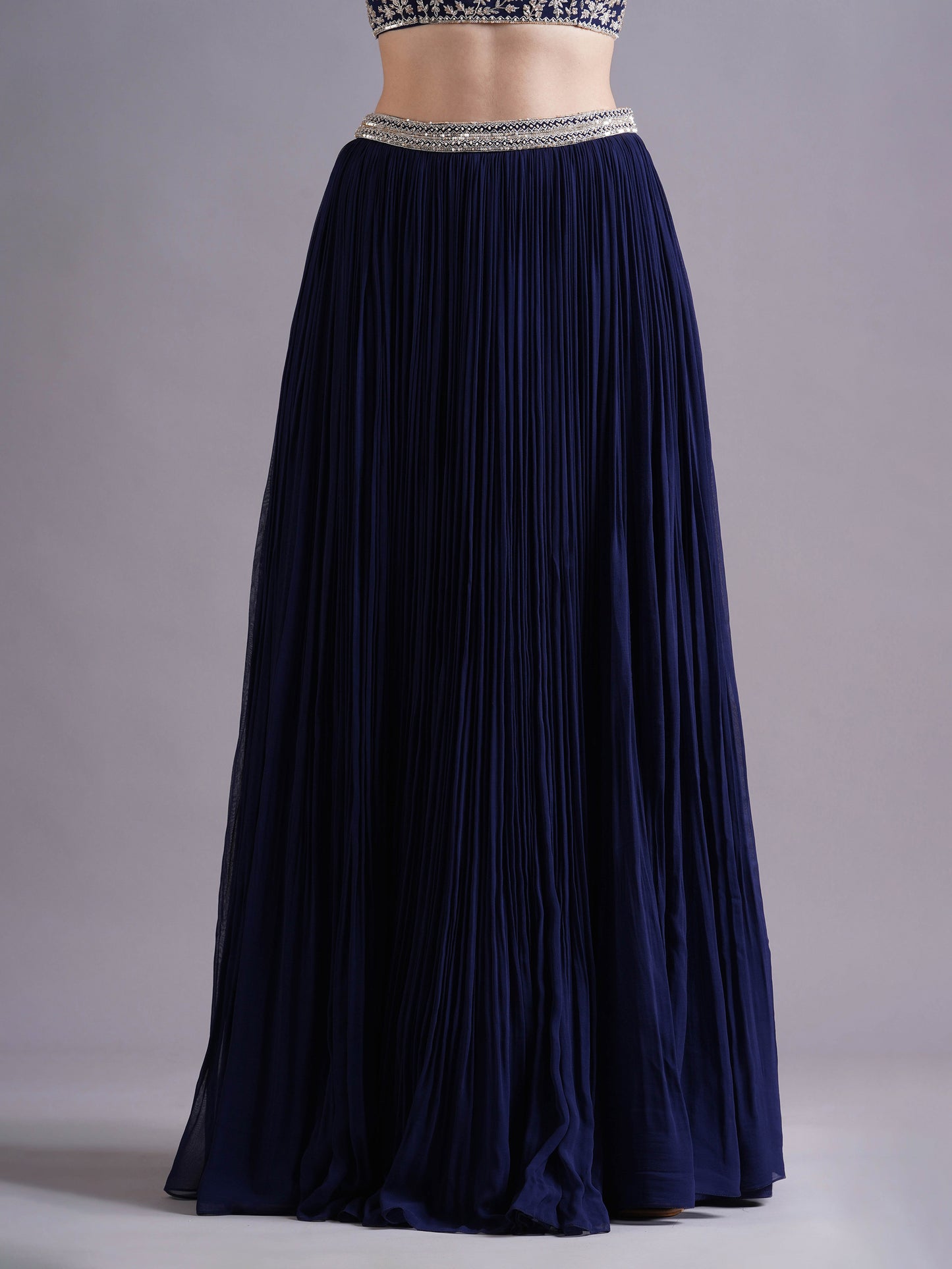 Navy Georgette Strappy Blouse with Pleated Lehenga and Choker Dupatta