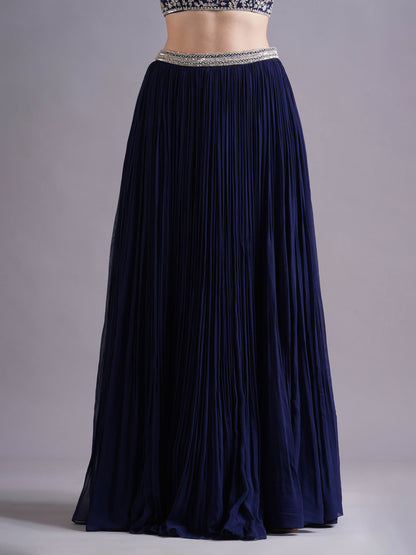 Navy Georgette Strappy Blouse with Pleated Lehenga and Choker Dupatta