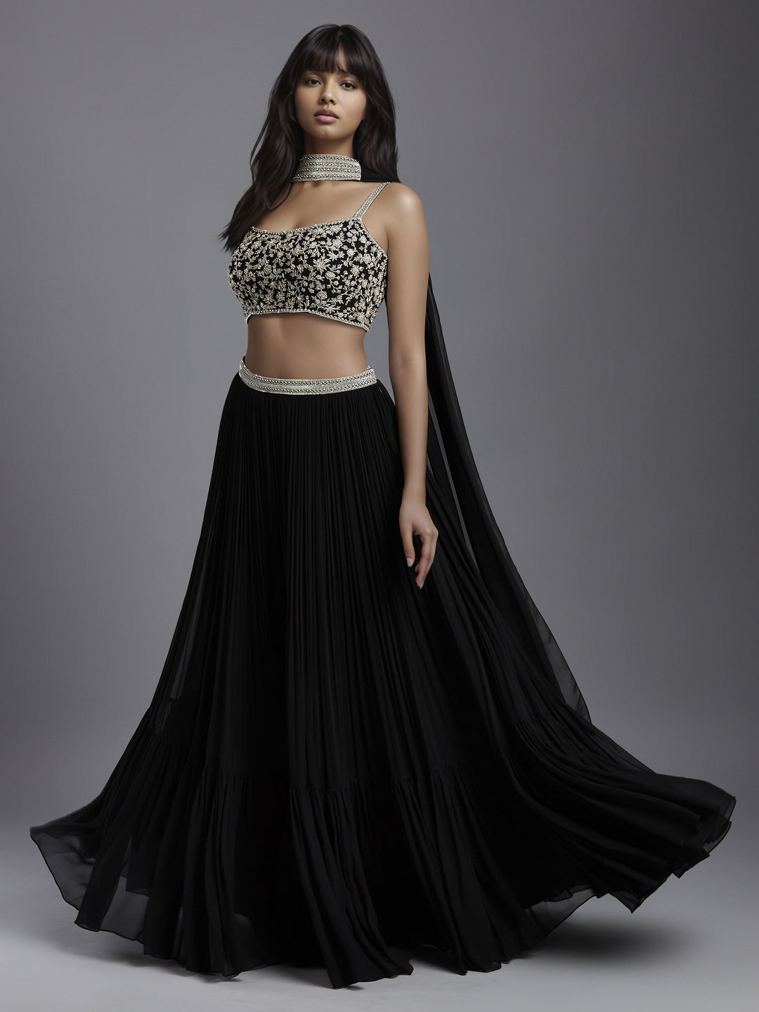 Black Georgette Gathered Skirt with Embroidered Blouse and Choker Dupatta