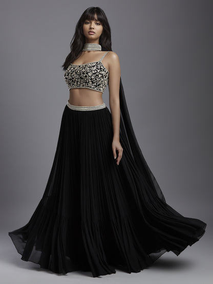 Black Georgette Gathered Skirt with Embroidered Blouse and Choker Dupatta