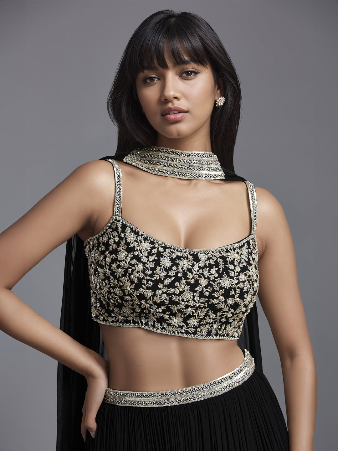 Black Georgette Gathered Skirt with Embroidered Blouse and Choker Dupatta