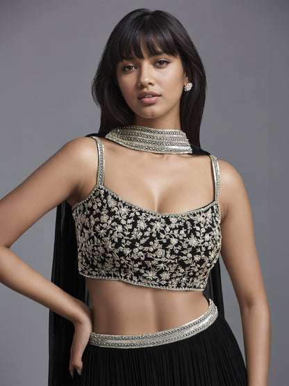 Black Georgette Gathered Skirt with Embroidered Blouse and Choker Dupatta