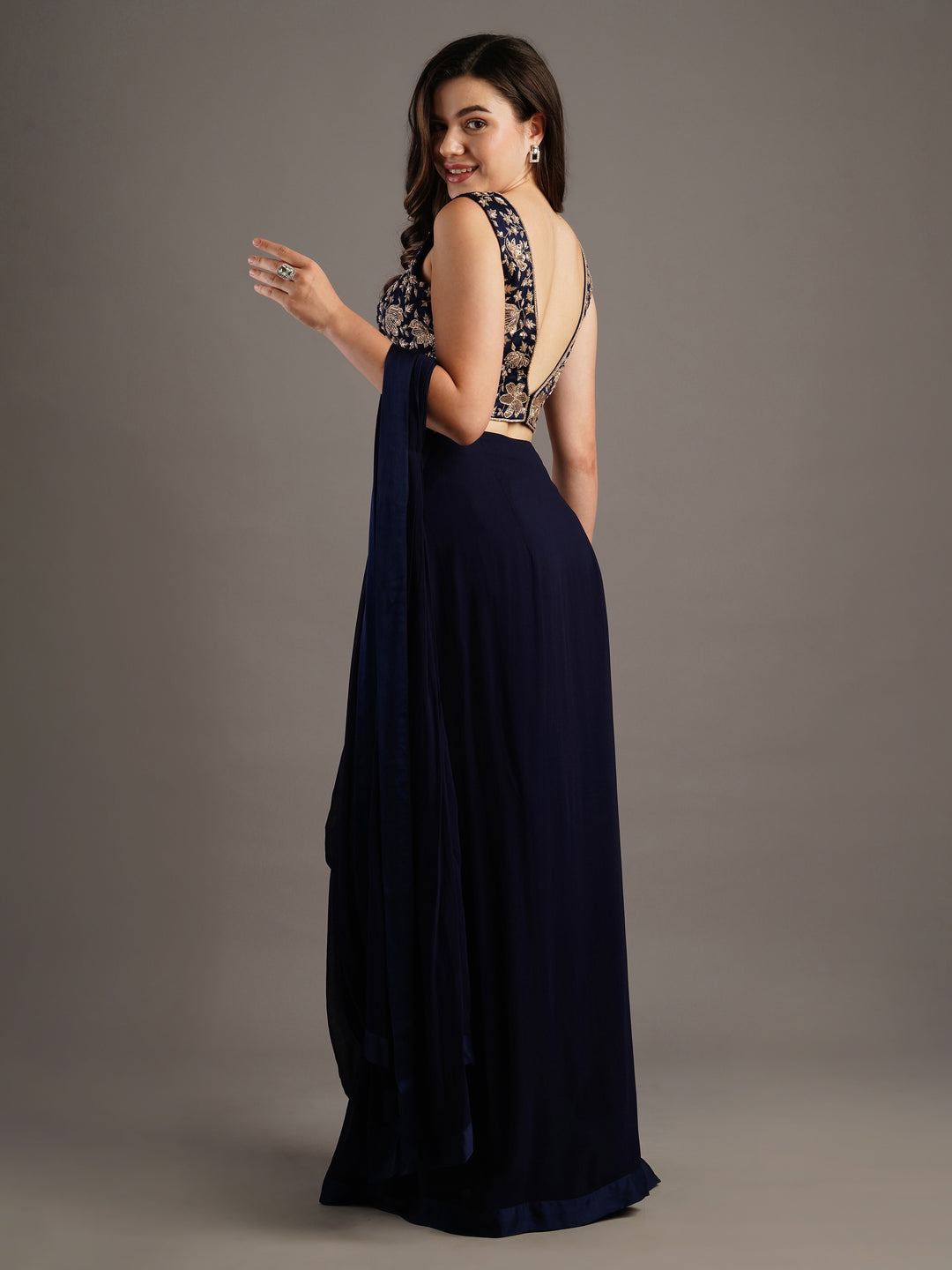 Navy V Neck Modal Satin Blouse With Georgette Pre Stitched Saree And Belt
