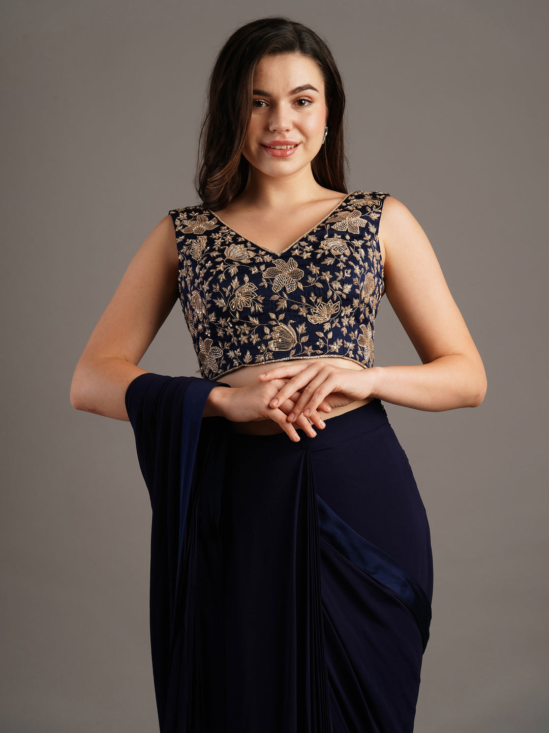 Navy V Neck Modal Satin Blouse With Georgette Pre Stitched Saree And Belt