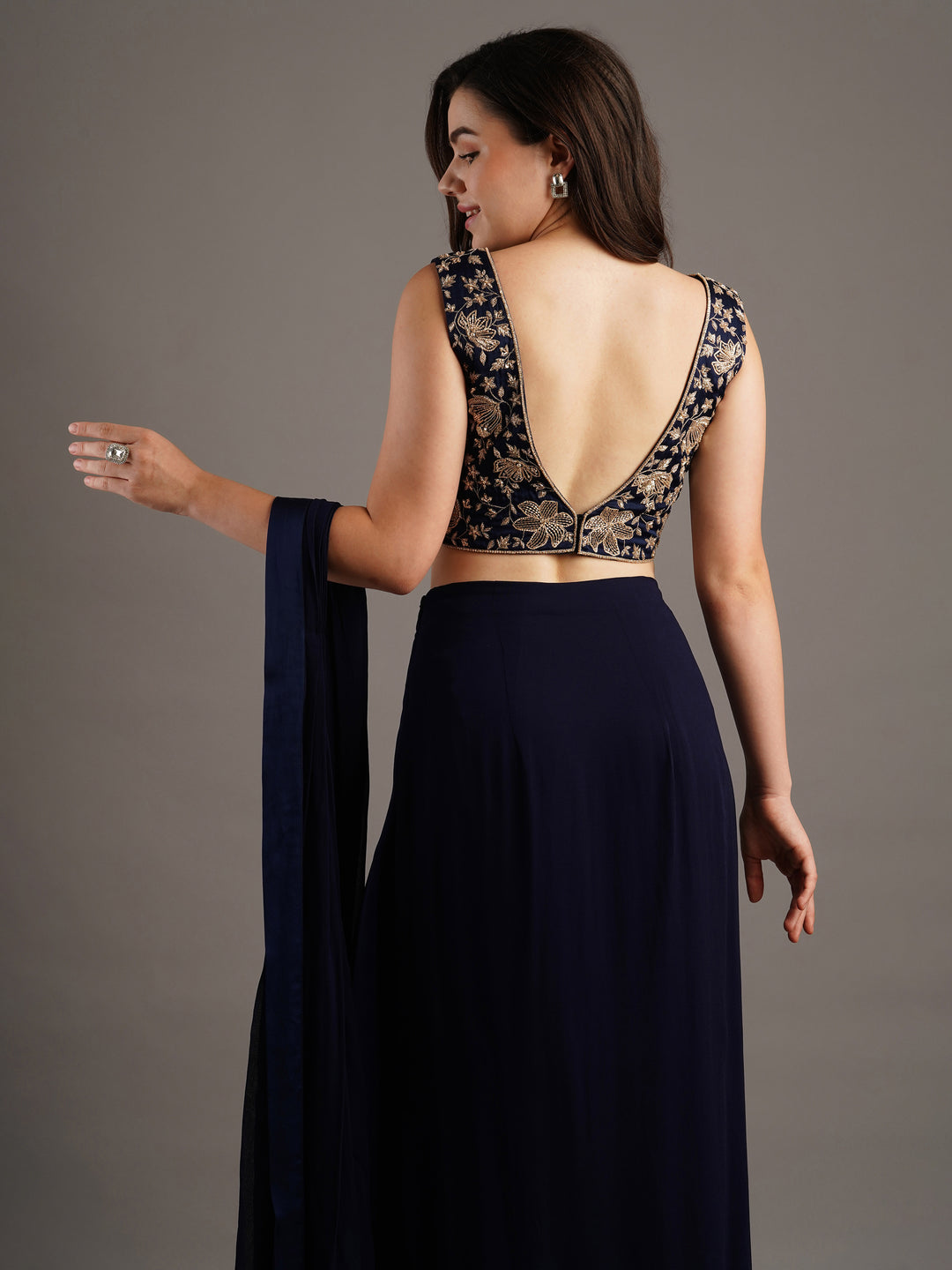 Navy V Neck Modal Satin Blouse With Georgette Pre Stitched Saree And Belt