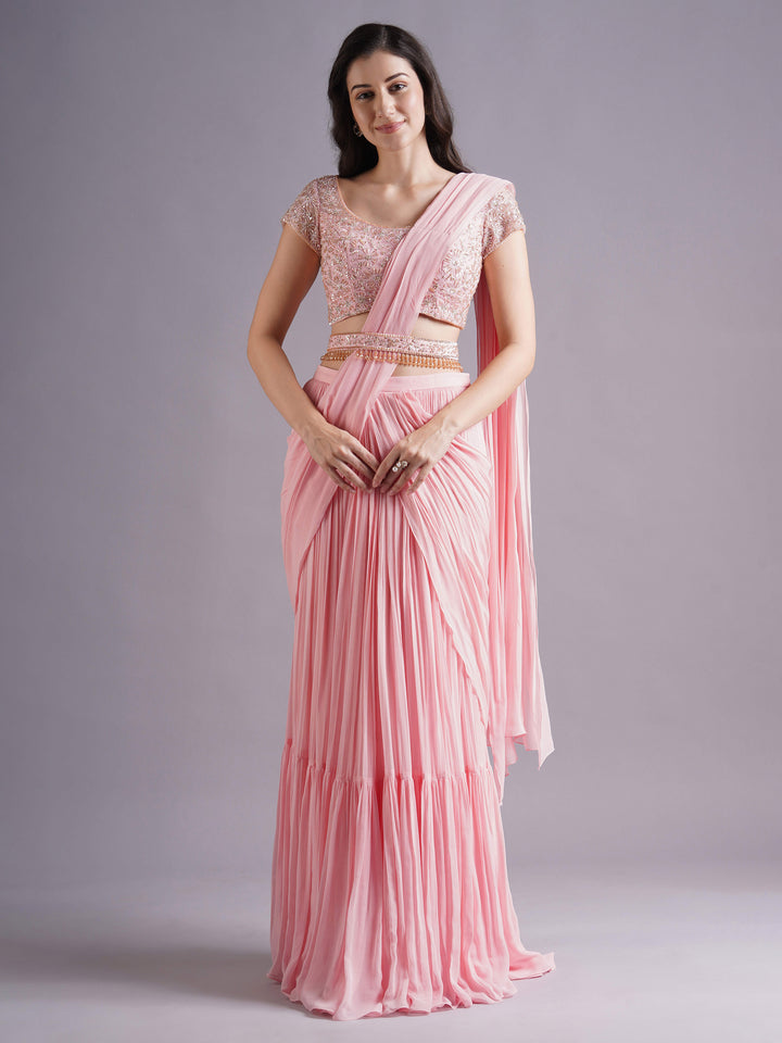 Pink Net Holo Big Floral Blouse with Draped Saree and Belt