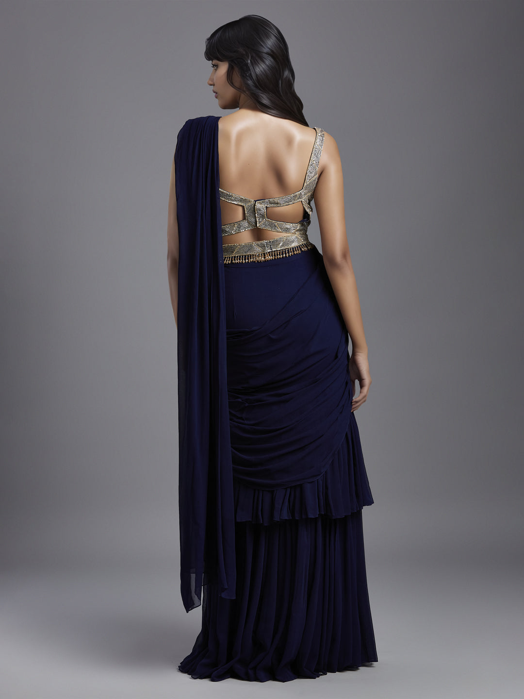 Navy Net Abstract Line Embroidered Blouse with Double Layered Gathered Draped Saree and Belt