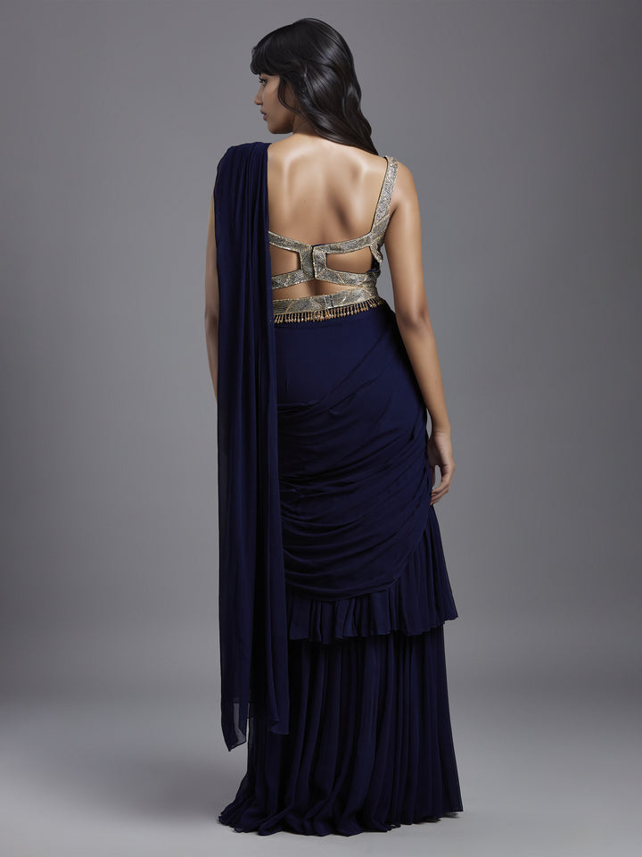 Navy Net Abstract Line Embroidered Blouse with Double Layered Gathered Draped Saree and Belt