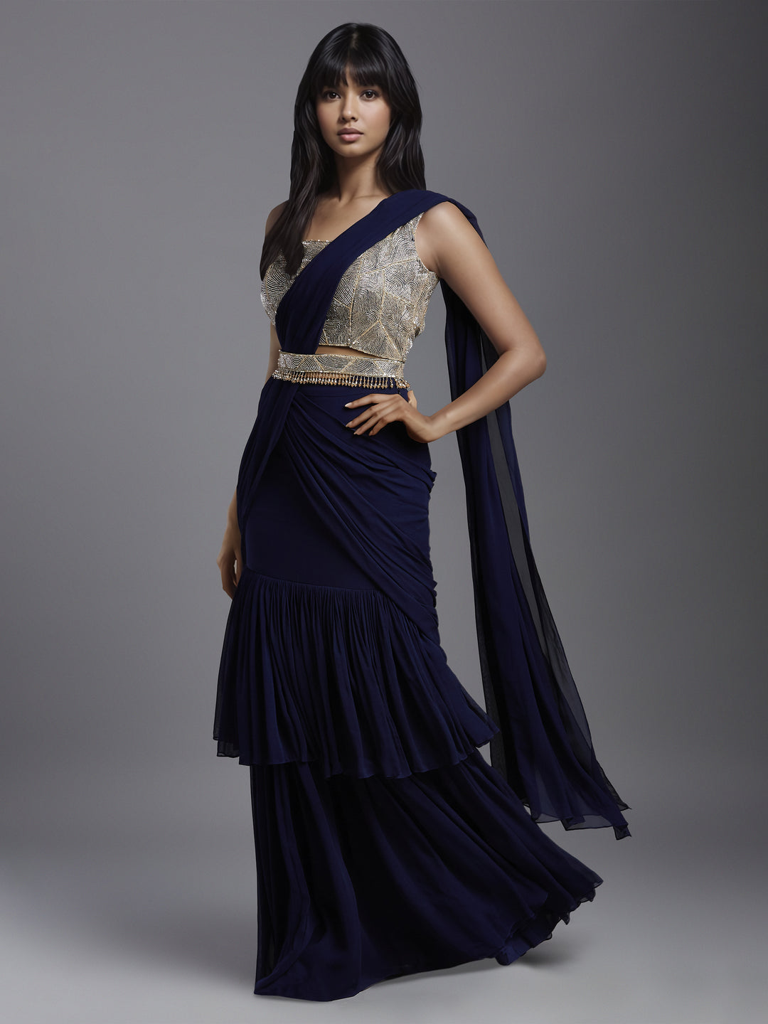 Navy Net Abstract Line Embroidered Blouse with Double Layered Gathered Draped Saree and Belt