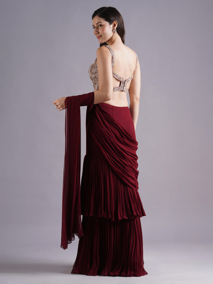 Maroon Net Abstract Line Blouse with Double Layered Draped Saree and Belt