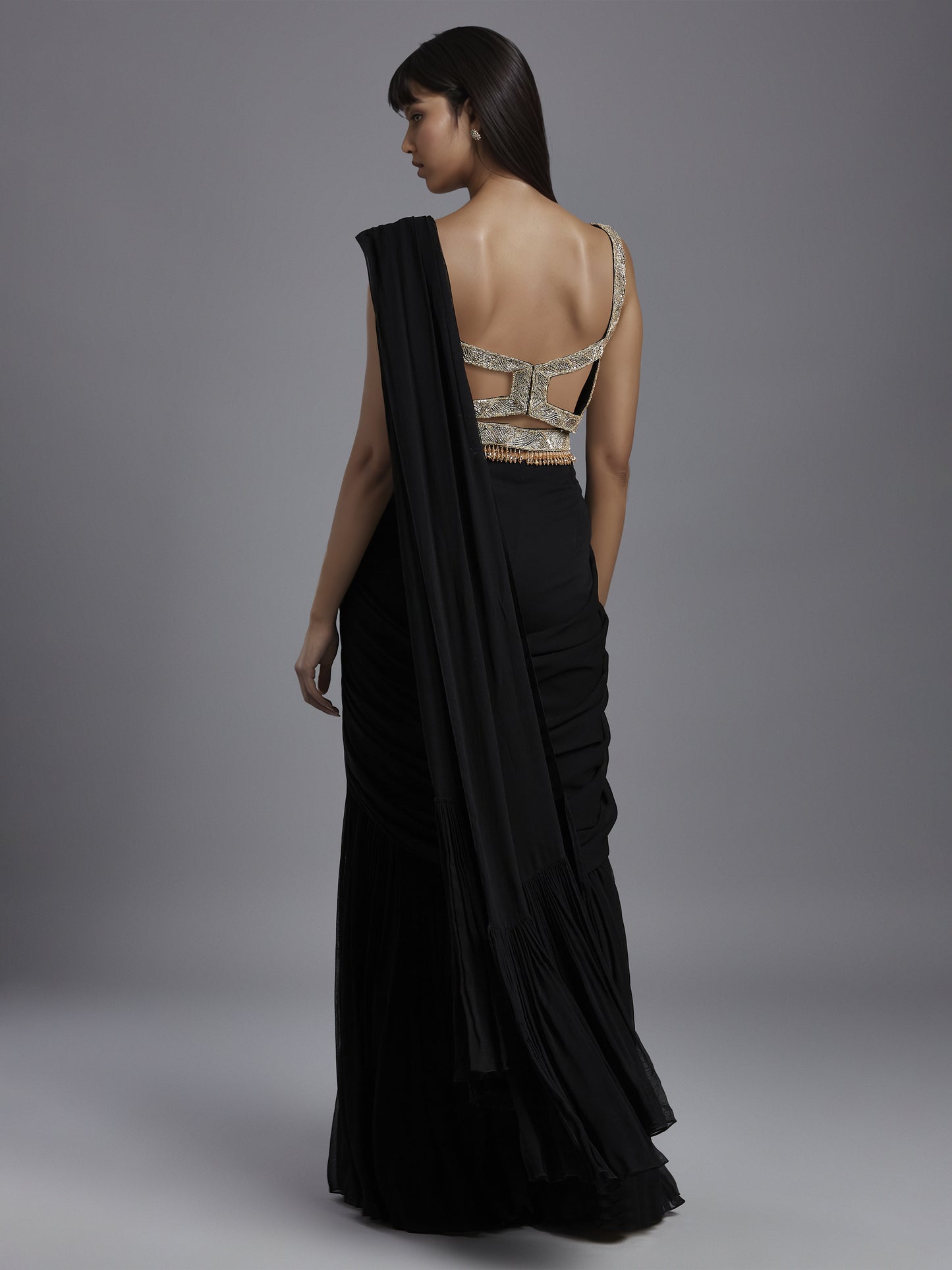 Black Net Abstract Line Embroidered Blouse and Georgette Sharara Draped Saree Set with Belt