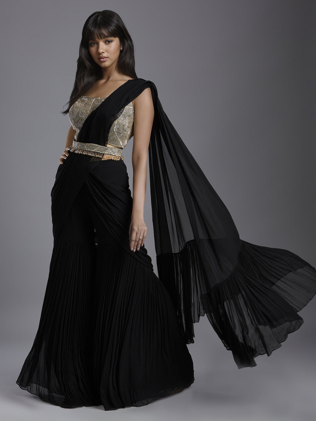 Black Net Abstract Line Embroidered Blouse and Georgette Sharara Draped Saree Set with Belt