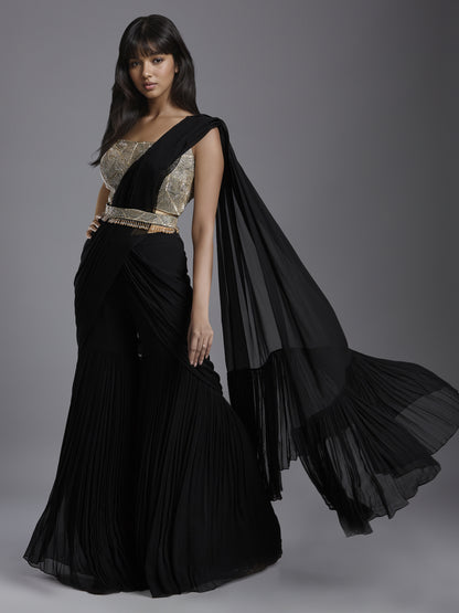 Black Net Abstract Line Embroidered Blouse and Georgette Sharara Draped Saree Set with Belt