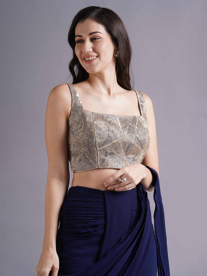 Navy Net Abstract Line Blouse with Hip Ruched Saree and Belt
