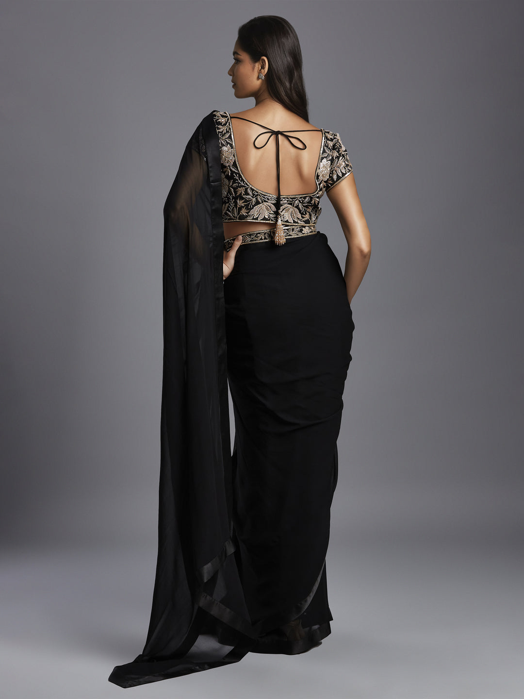 Black Georgette Pre Stitched Saree with Crepe Satin Embroidered Blouse and Belt