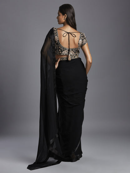 Black Georgette Pre Stitched Saree with Crepe Satin Embroidered Blouse and Belt