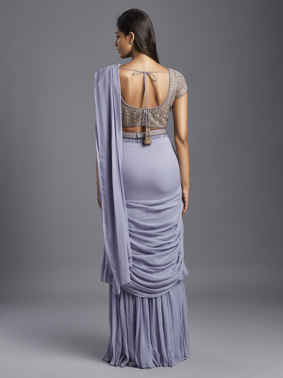 Lilac Georgette Double Layered Gathered Draped Saree with Net Spring Palace Blouse and Belt