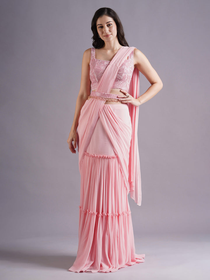 Pink Net Abstract Line Emb Blouse with Tiered Draped Saree and Belt