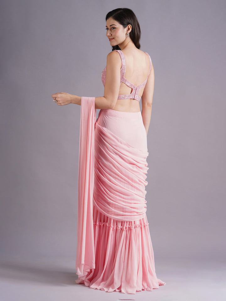Pink Net Abstract Line Emb Blouse with Tiered Draped Saree and Belt
