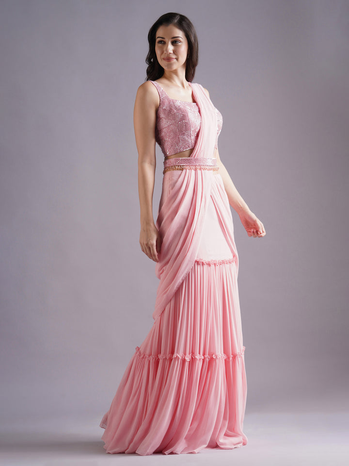 Pink Net Abstract Line Emb Blouse with Tiered Draped Saree and Belt