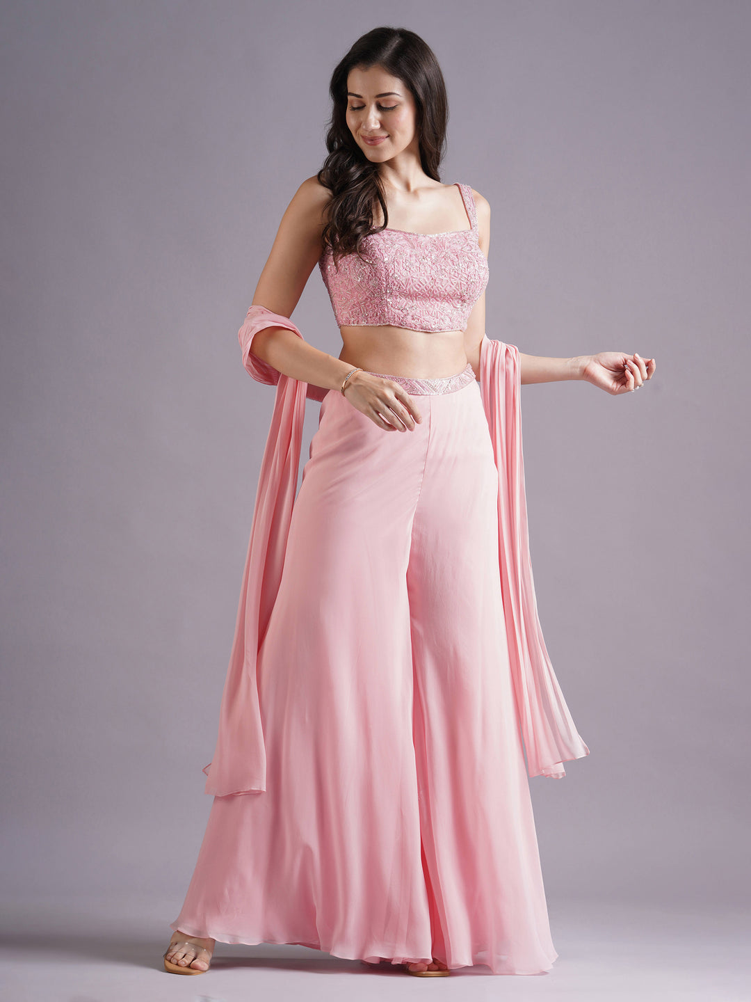 Pink Net Round Armhole Blouse with Sharara Pants and Choker