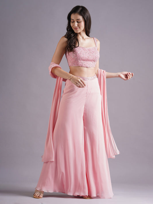 Pink Net Round Armhole Blouse with Sharara Pants and Choker