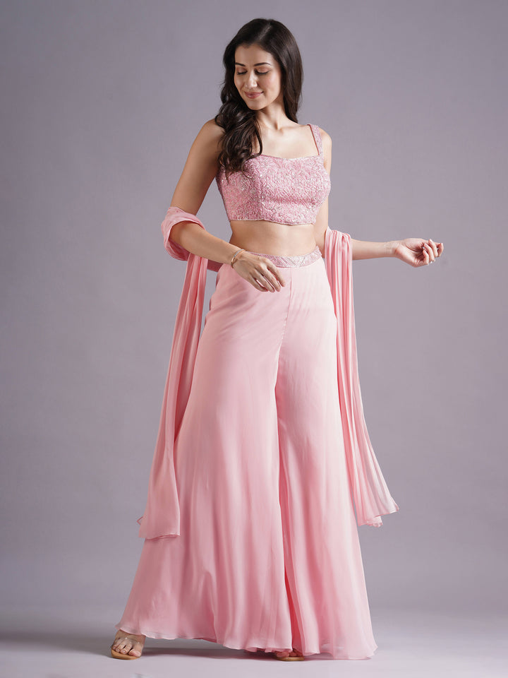 Pink Net Round Armhole Blouse with Sharara Pants and Choker