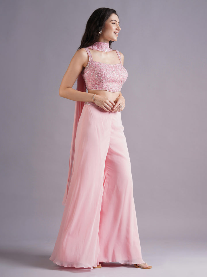 Pink Net Round Armhole Blouse with Sharara Pants and Choker