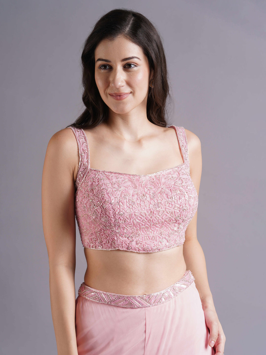 Pink Net Round Armhole Blouse with Sharara Pants and Choker