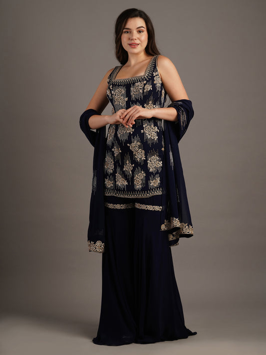 Navy Georgette Rose Embroidered Kurti And Sharara Set With Dupatta