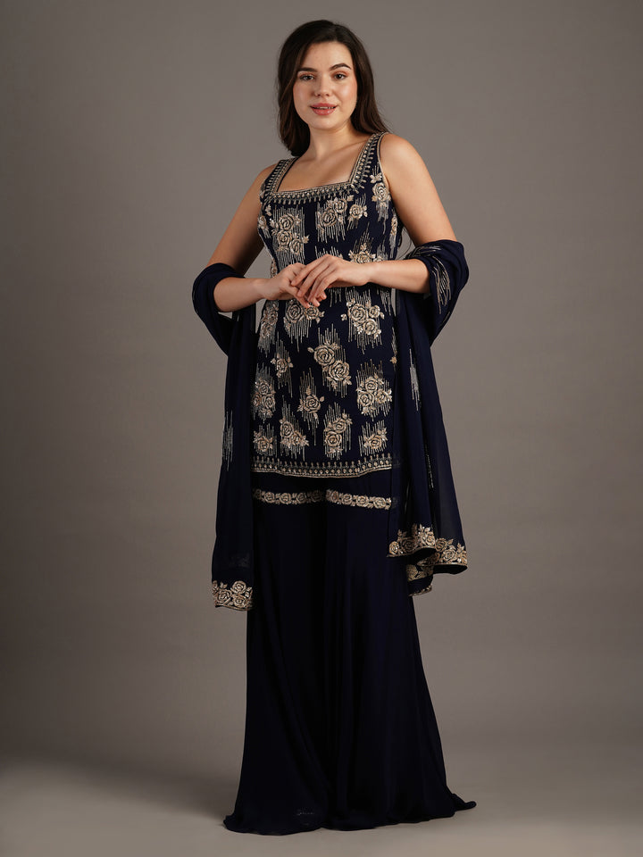 Navy Georgette Rose Embroidered Kurti And Sharara Set With Dupatta