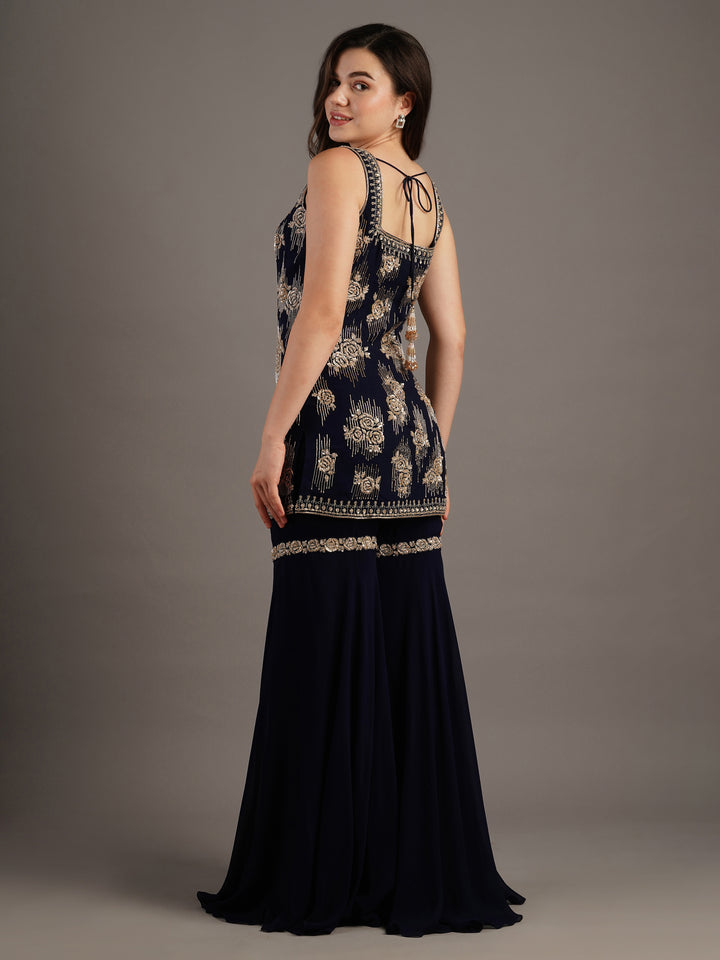 Navy Georgette Rose Embroidered Kurti And Sharara Set With Dupatta