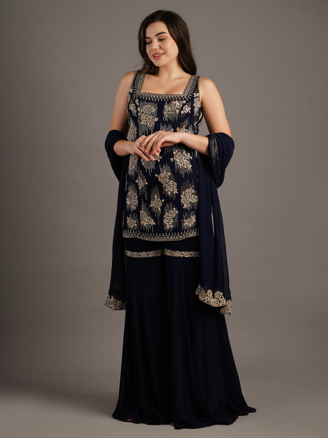 Navy Georgette Rose Embroidered Kurti And Sharara Set With Dupatta