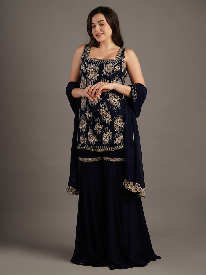 Navy Georgette Rose Embroidered Kurti And Sharara Set With Dupatta